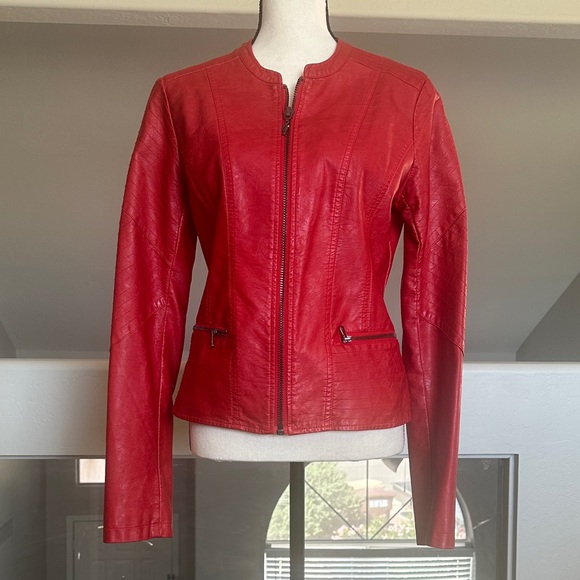 GUESS Red Women's Zip-Front Faux Leather Jacket - Picture 2 of 4